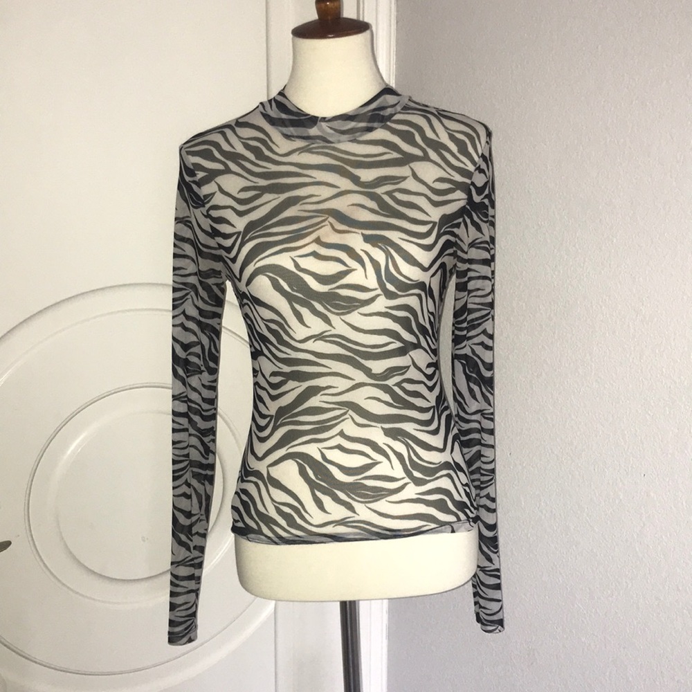 GOING TODAY zebra print mesh mock neck top